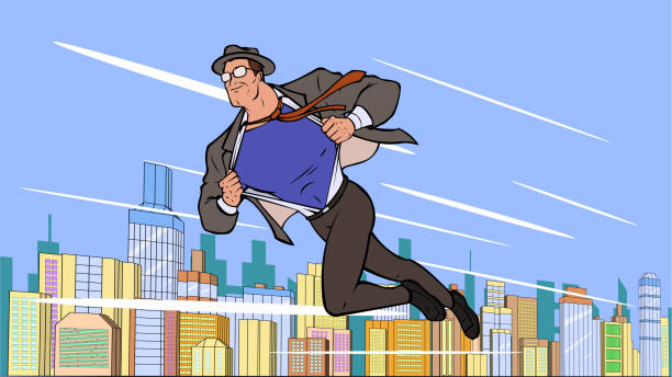 ilustrações de stock, clip art, desenhos animados e ícones de cartoon vector retro superhero changing while running in a city stock illustration - change superhero necktie strength