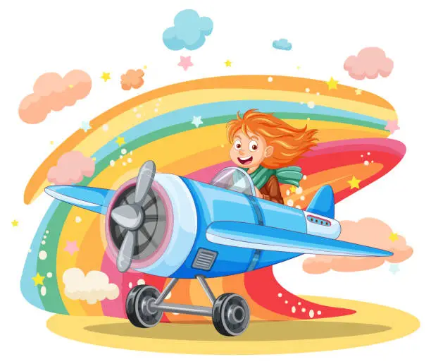 Vector illustration of Girl pilot flying airplane with rainbow on the background