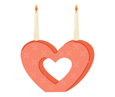 Vector cartoon isolated decorative interior heart shaped candlestick with candles with flame.