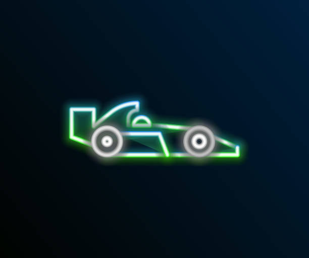 ilustraciones, imágenes clip art, dibujos animados e iconos de stock de icono de coche de carreras de fórmula 1 de línea de neón brillante aislado sobre fondo negro. concepto de esquema colorido. vector - formula 1