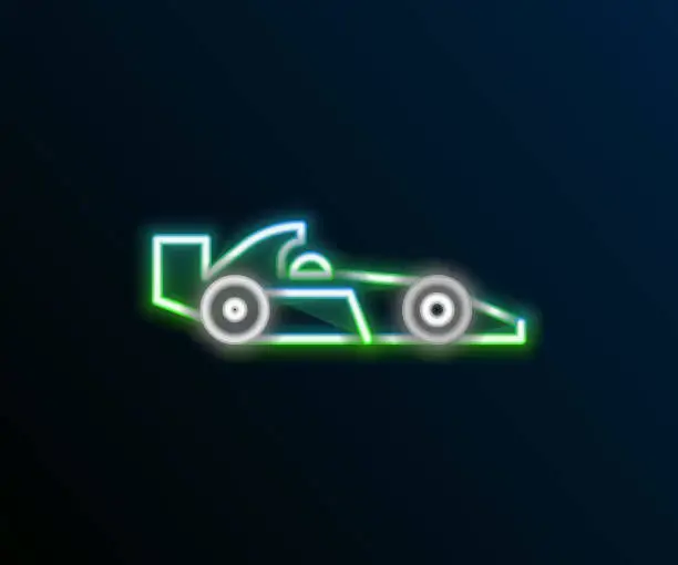 Vector illustration of Glowing neon line Formula 1 racing car icon isolated on black background. Colorful outline concept. Vector