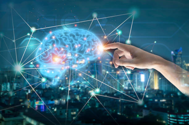 istock Humans hand touch connects on brain in big data world network city background. Smart AI Machine learning, Chatbot concept. Technology Artificial Intelligence for science, business, innovation 1550242594