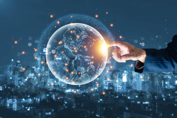 istock Businessman hand touching global network and data exchanges over the world 3D rendering, network city background. Internet concept. Technology Ai for science, business, innovation 1550242911