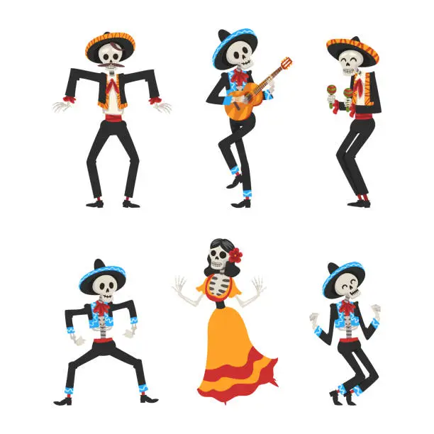 Vector illustration of Mexican Skeleton in Sombrero Hat Playing Musical Instrument and Dancing Vector Set