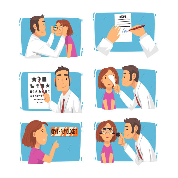 Ophthalmology Diagnostics with Girl Having Eyesight and Vision Checkup and Correction Vector Set Ophthalmology Diagnostics with Girl Having Eyesight and Vision Checkup and Correction Vector Set. Kid Having Ophthalmologist Doctor Appointment Concept visual schedule for kids stock illustrations
