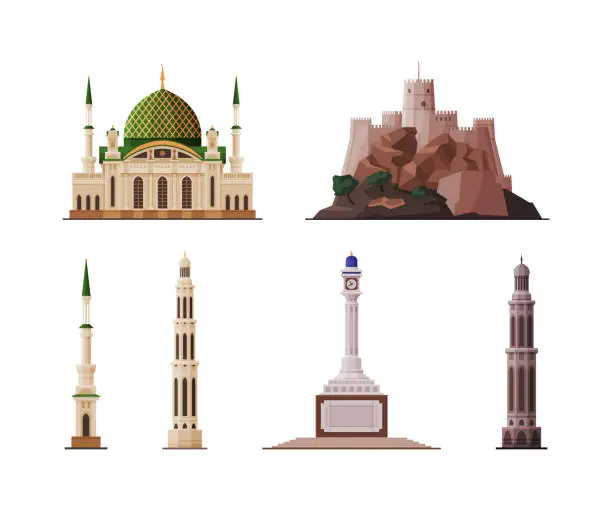 Vector illustration of Oman Muscat City Historical Building and Landmarks with Authentic Heritage Vector Set