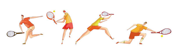 Man Athlete in Sportswear with Racket Playing Tennis Vector Set Man Athlete in Sportswear with Racket Playing Tennis Vector Set. Male Hitting Tennis Ball Engaged in Match and Competition Concept backhand stroke stock illustrations