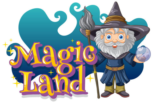 istock Font design for word magic land with wizard cartoon character 1550255817