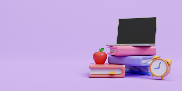 3d laptop on book with apple and clock. education and back to school concept. 3d rendering illustration..
