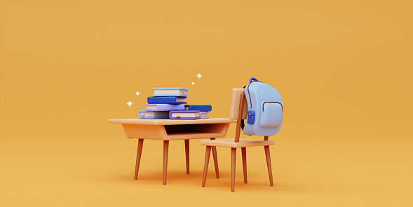 3d back to school concept. desk with bag and book. Ready for school. 3d rendering illustration..