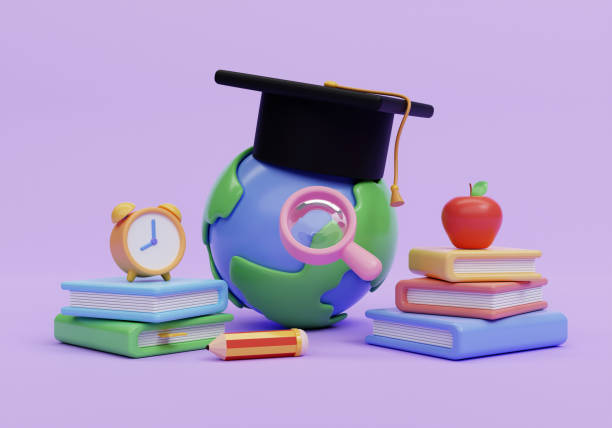 istock 3d education concept. globe with graduation hat with school accessories on purple background. back to school. 3d rendering illustration. 1550269736