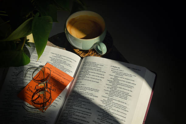 Morning Coffee Cup, Open Bible and Old Railway Ticket