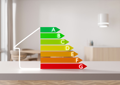 Energy efficiency rating chart and home interior. Ecological and bio energetic house. Energy class, performance certificate, rating graph. Eco friendly, energy saving. 3d rendering