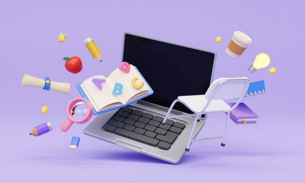 istock 3d Laptop with school accessories on purple background. Online education concept. 3d rendering illustration. 1550272426