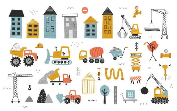 Vector illustration of vector set of cute construction elements