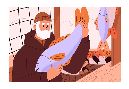 Fishmonger selling fish at local market counter. Man vendor at stall with seafood, fresh sea product. Old senior fisherman character with salmon at marketplace. Flat vector illustration.