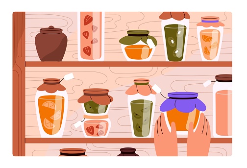 Homemade jams, fruit marmalades, berry preserves, conserves in glass jars on shelf. Hands taking natural home-made confiture, sweet food, organic eating in kitchen cupboard. Flat vector illustration.