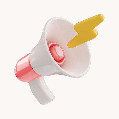 Cartoon hand holding megaphone 3d render on white isolated background. Digital Marketing concept..