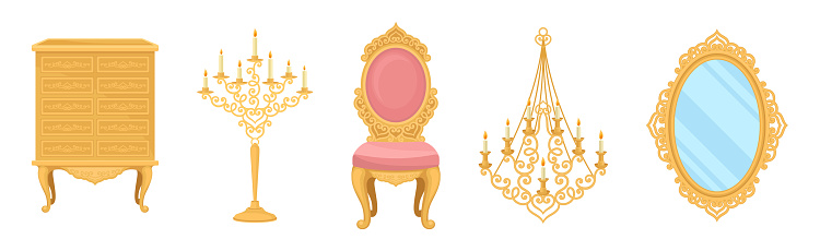 Vintage Furniture and Interior Design with Chandelier, Chair, Cabinet, Candlestick and Mirror Vector Set. Antique and Luxury Furniture Items Concept