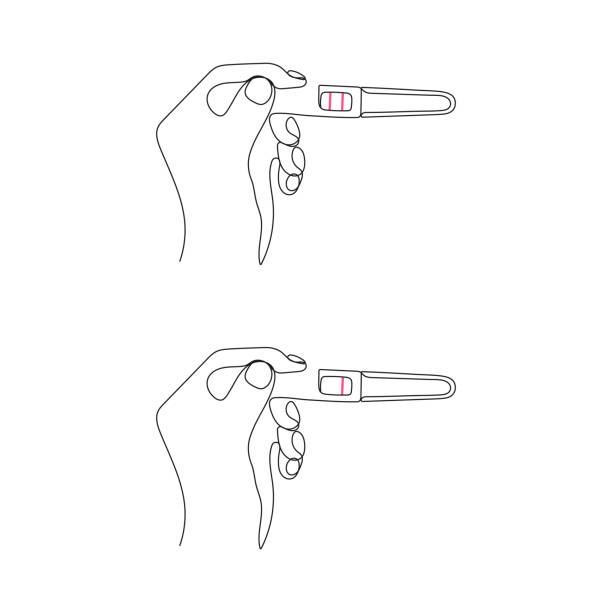 Woman holding a HCG pregnancy test. One line art Woman holding a HCG pregnancy test. One line art. Negative and positive pregnancy test results. Hand drawn vector illustration. pregnancy test kit stock illustrations