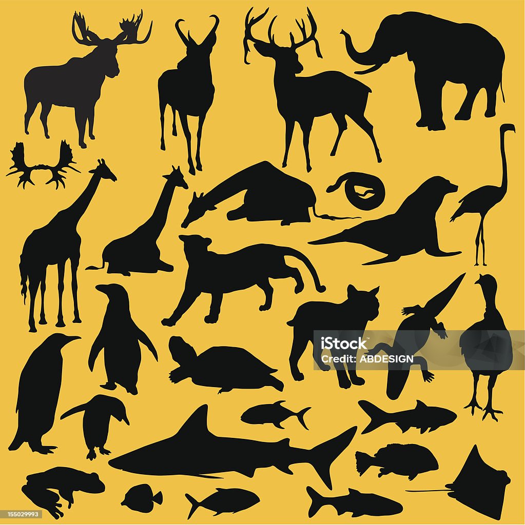 Black Silhouettes Of Wild Animals On Yellow Background Stock Illustration -  Download Image Now - iStock