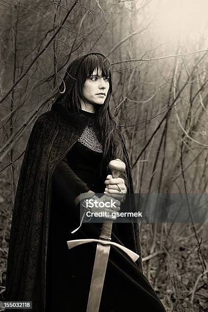 Medieval Lady With Sword Stock Photo - Download Image Now - Cape - Garment, Medieval, One Woman Only