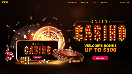 Online casino, banner for website with interface elements, title with gold lamp bulbs, smartphone, neon roulette, cards and poker chips