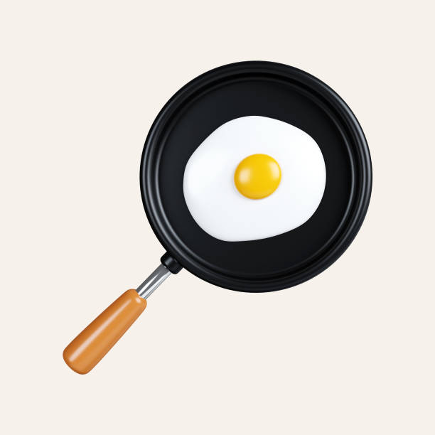 istock 3d Fried egg in a frying pan. elements for camping, hiking , summer camp, traveling, trip. icon isolated on white background. 3d rendering illustration. Clipping path. 1550331364