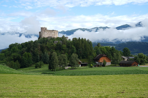 San Lorenzo di Sebato, Italy - July 13, 2023: The Castle of San Michele stands on a rocky outcrop south of San Lorenzo di Sebato. It was built in 1091. It is the oldest castle in the Val Pusteria in Trentino Alto Adige.
