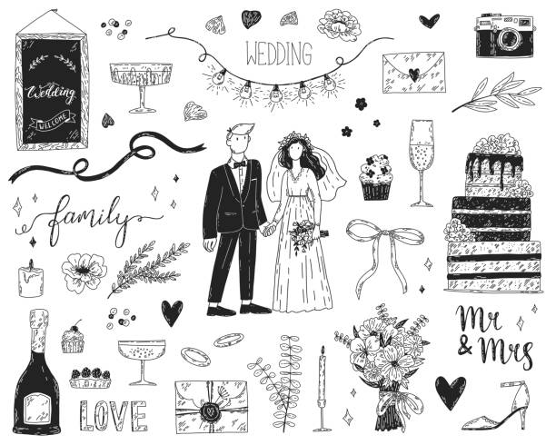 06.08.2023_4 Groom and bride. Big vector set of wedding elements. Cute hand-drawn collection of illustrations for invitation or wedding decoration. St. Valentine Day greeting card design valentine symbols cartoon stock illustrations