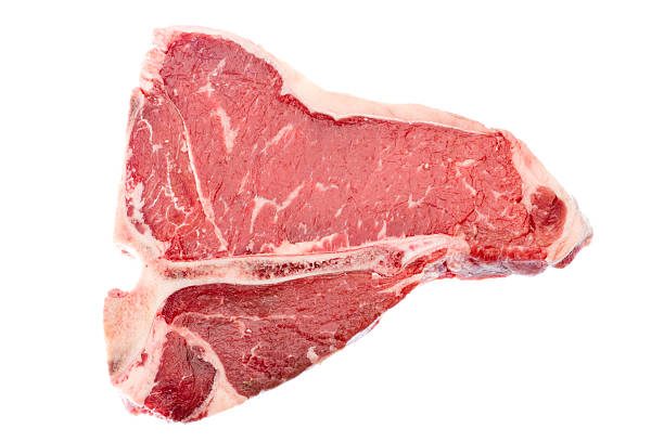 t-bone, raw, isoliert auf weiss - meat beef raw freshness stock-fotos und bilder