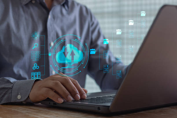 transfer files data system relocation concept. data transfer through cloud technology exchange data with modern internet technology that is fast and secure internal document backup on online database. - backup imagens e fotografias de stock