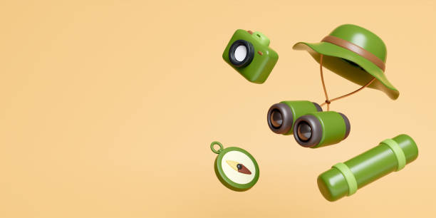 3d gadgets for camping and elements for camping, trip, hiking. Concept. 3d rendering illustration.