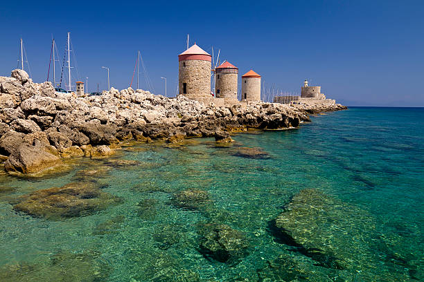 Rhodes Mandraki Windmills stock photo