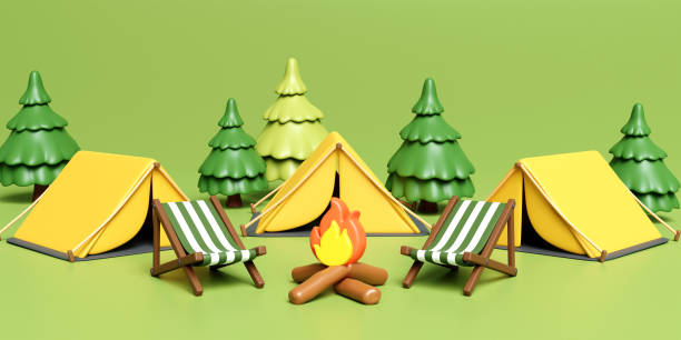 istock 3d Campsite in nature and elements for camping, summer camp, camp fire, trip, hiking. Concept. 3d rendering illustration. 1550350619