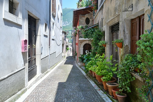 A characteristic street of a medieval town in the mountains of central Italy.