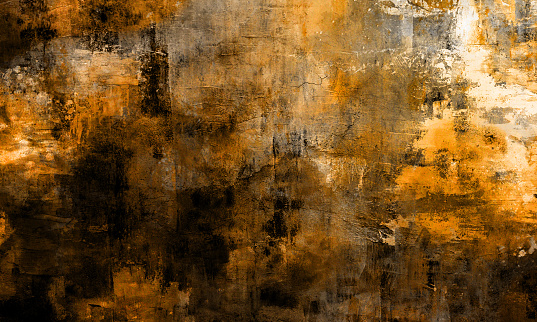Distressed Yellow Brown Old Brick Wall With Graffiti Street Art. Background And Painted And Draw. Abstract Grunge Modern Grafitty Wallpaper. Abstract Plastered Wall  Abstract background on a concrete