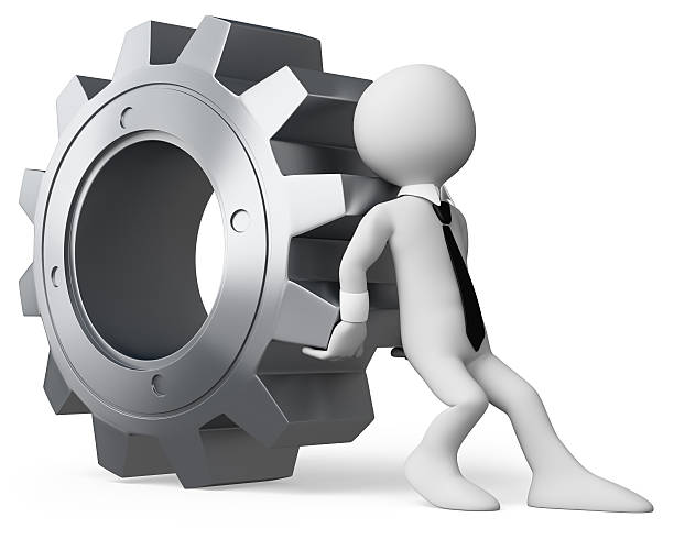 istock 3D businessman white people. Pushing a gear 155039484