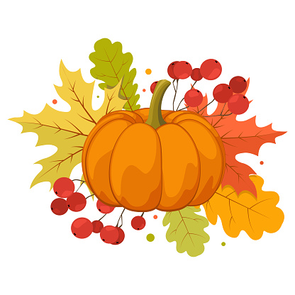Hand drawn autumn clip art. Pumpkin, guelder rose and colorful leaves.
