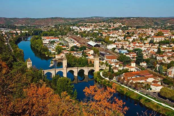 Autumn view from above to Pont Valentre, Cahors, France