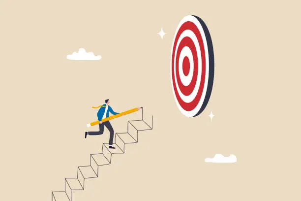 Vector illustration of Build stair to reach target, career success or progress to achievement, business goal or future succeed, effort to grow career path concept, businessman use pencil to draw stair step to reach success.