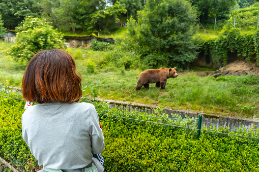 A mother with her son visiting a brown bear in a park in the municipality of Borce in the French Pyrenees