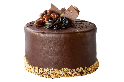 Chocolate cake. Bakery products. Chocolate cake isolated on white background. close up