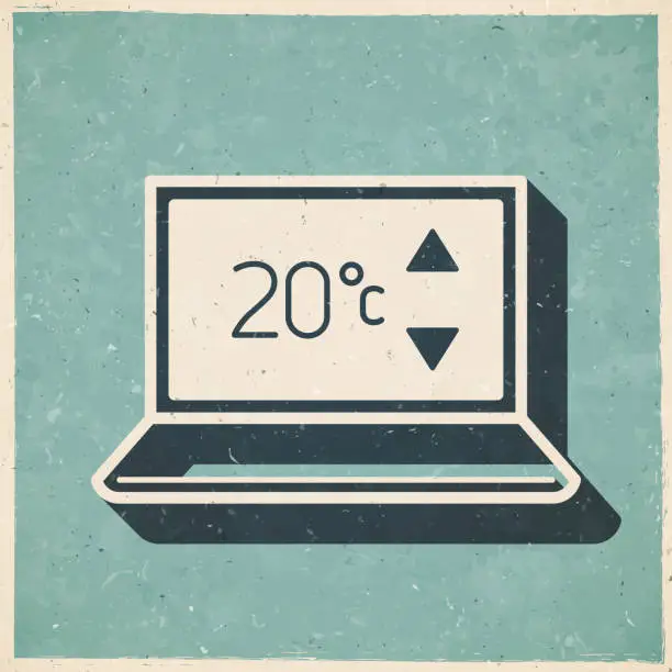 Vector illustration of Laptop with heating control. Icon in retro vintage style - Old textured paper