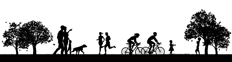 Scene of silhouette people in park or outdoor setting exercising enjoying nature. Family are walking dog. Runners running or jogging. Cyclists cycling bikes or bicycles and children playing ball game