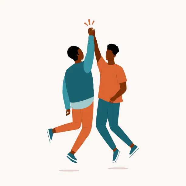 Vector illustration of Two Black Men Jumping Up With High Five Gesture.