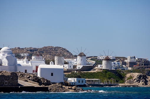 View of the typical miulls of Mykonos, Greece