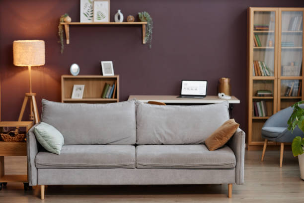 istock Minimal home interior with comfortable grey sofa in living room 1550439718