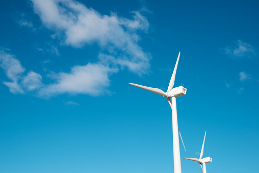 Wind turbines for electric power production, Zaragoza province, Aragon in Spain.