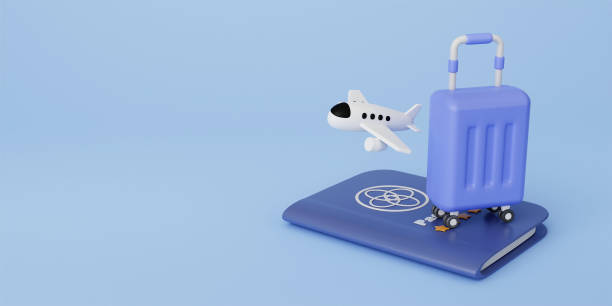 istock 3d Travel time. Suitcase . Plane on passport. Creative idea with 3d design. Business concept volumetric icons. illustration 1550447995